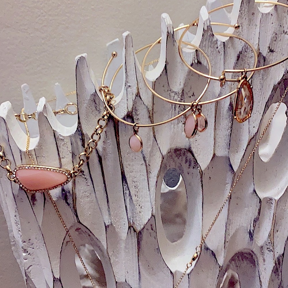 Set of 3 Bangles, 1 Pink Stone Bracelet, Matching 3 Stone Necklace, Yellow Gold - Picture 4 of 10